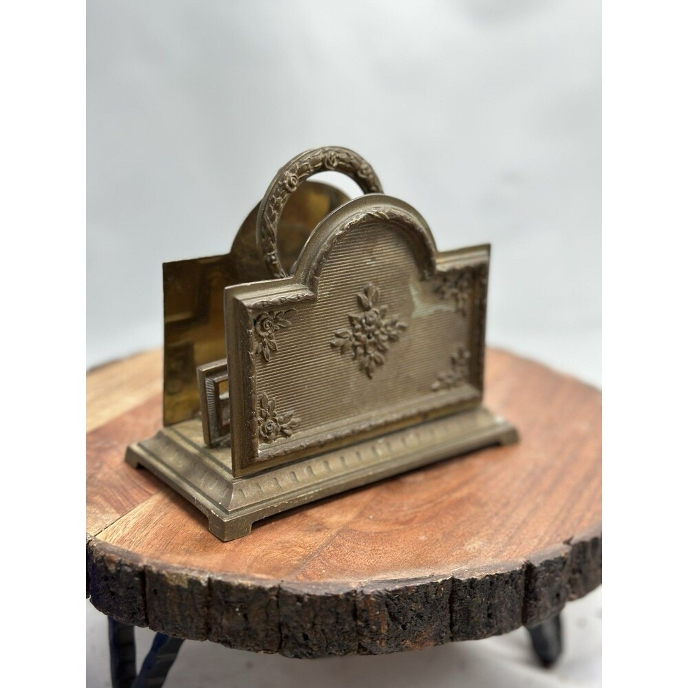 Antique Brass Letter Napkin Holder Slots w Handle Victorian Rococo Style